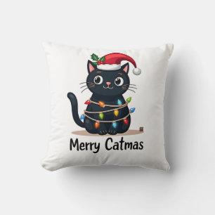 Coussin Joyeux Catmas Chat Noir Lumière de Noël Xmas Famil