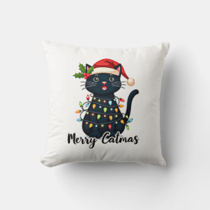 Coussin Joyeux Catmas Chat Noir Lumière de Noël Xmas Famil