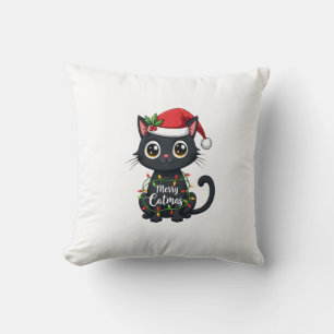 Coussin Joyeux Catmas Chat Noir Lumière de Noël Xmas Famil