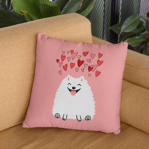 Coussin Joyeux Chien Poméranien blanc aux Coeurs roses