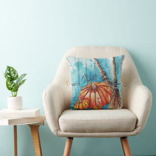 Coussin Joyeux Citrouille Halloween avec Witch Broom