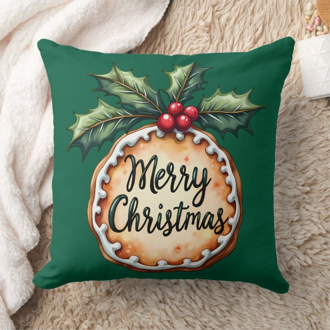 Coussin Joyeux Cookie de Noël avec Holly Berries Green (Couverture)