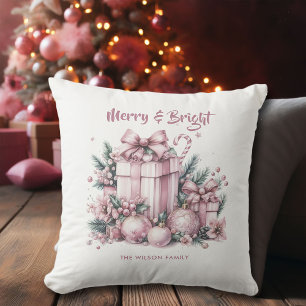 Coussin Joyeux décor de Noël rose Personnalisé
