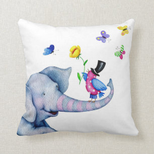 Coussin Joyeux Éléphant Aux Oiseaux Et Papillons