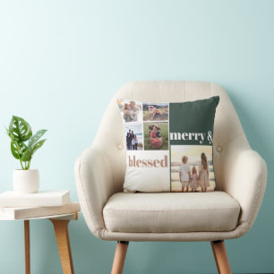 Coussin Joyeux et bienheureux Noël de famille Photo verte