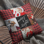 Coussin Joyeux et brillant Buffle rouge Plaid Photo de Noë<br><div class="desc">Script moderne Merry & Bright red buffalo plaid photo coussin avec espace pour 4 photos et votre nom de famille entouré d'une grille amusante motif de couette.</div>