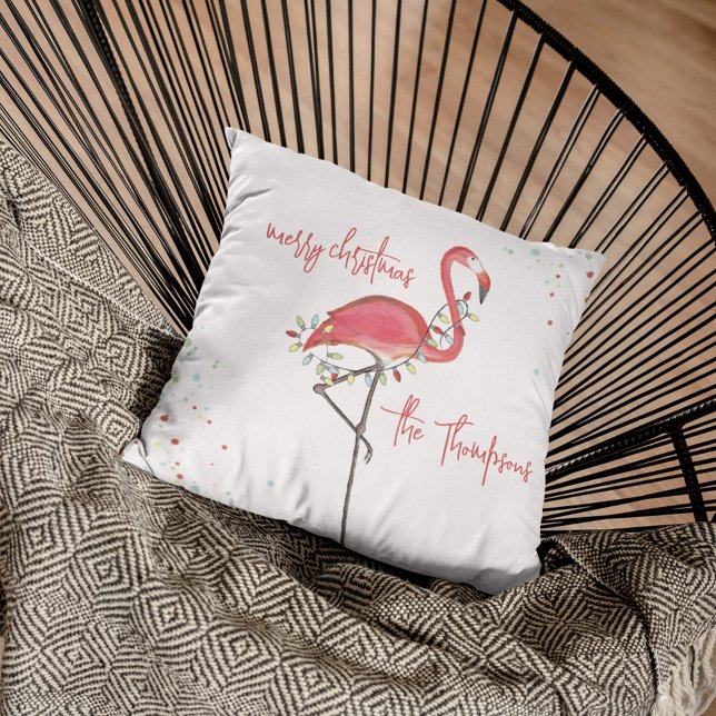 Coussin Joyeux Flamant rose rose Noël Personnalisé (Christmas "Merry Christmas" cute whimsical pink flamingo throw pillow)