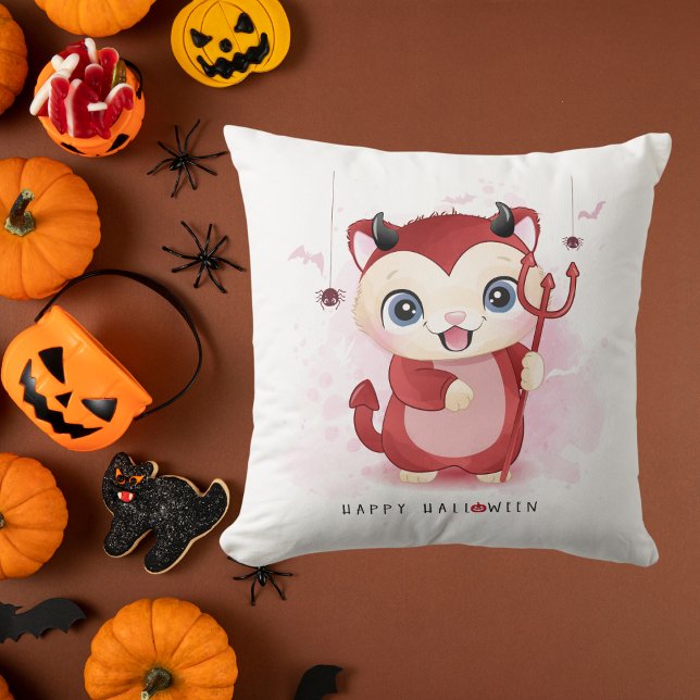 Coussin Joyeux Halloween Adorable Chat Diable Araignée Cha (Créateur téléchargé)