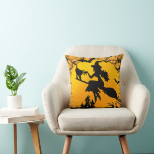 Coussin Joyeux Halloween avec sorcière et chat noir