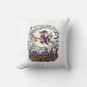 Coussin Joyeux Halloween Balai de Sorcière Chat Noir Fantô