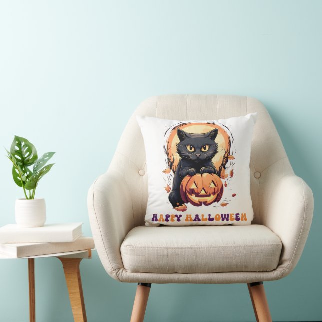 Coussin Joyeux Halloween Chat noir Citrouille Halloween (Chaise)