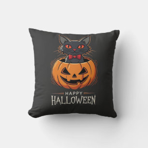 Coussin Joyeux Halloween Chat Noir Design de Citrouille_1