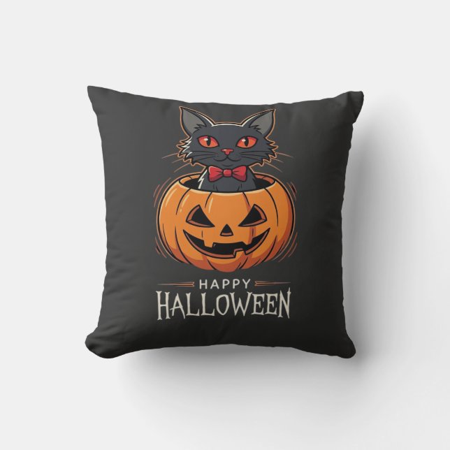 Coussin Joyeux Halloween Chat Noir Design de Citrouille_1 (Recto)