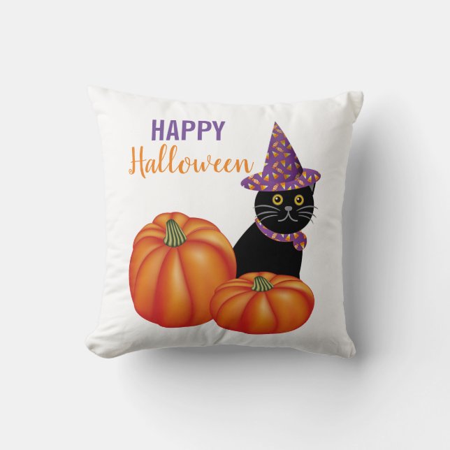 Coussin Joyeux Halloween Chat Noir et Citrouilles Décorati (Recto)