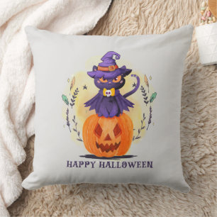 Coussin Joyeux Halloween - Chat noir sorcier