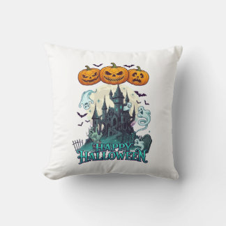 Coussin Joyeux Halloween Château Hanté Citrouilles Fantôme