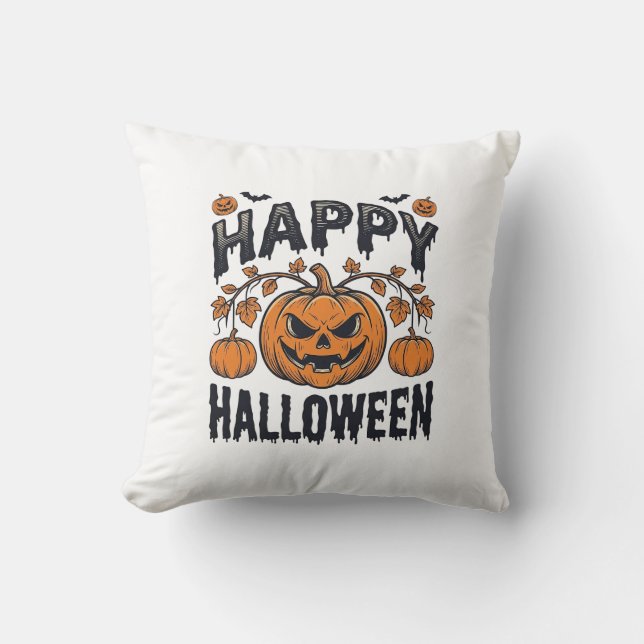 Coussin Joyeux Halloween Citrouille Design de Gravure Vint (Recto)