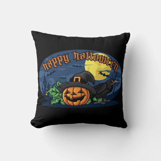 Coussin Joyeux Halloween Citrouille Et Corbeau (Recto)