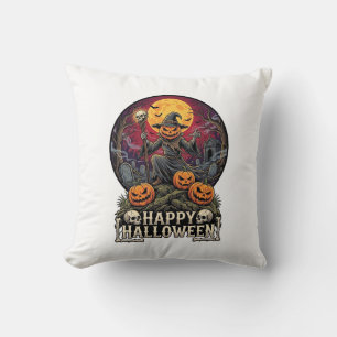 Coussin Joyeux Halloween Citrouille Magicien Cimetière Ple