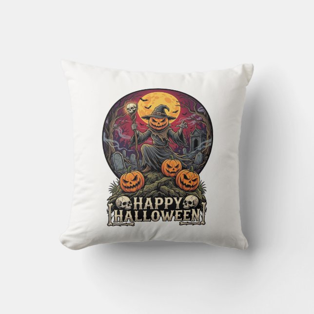 Coussin Joyeux Halloween Citrouille Magicien Cimetière Ple (Recto)