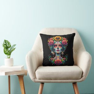 Coussin Joyeux Halloween Floral Sugar Skull Trick Treat