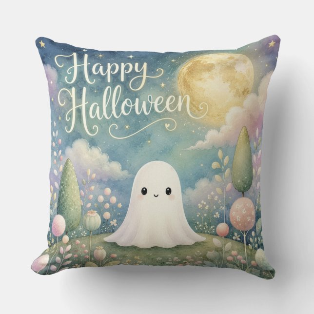 Coussin Joyeux Halloween Gentil Fantôme Jardin Pastel (Recto)