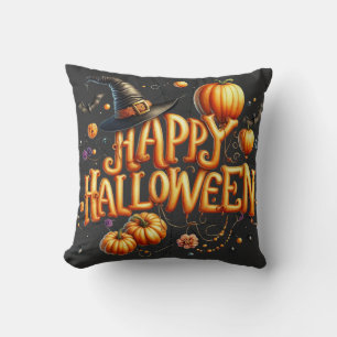 Coussin Joyeux Halloween Lettres de Ballons Orange Citroui