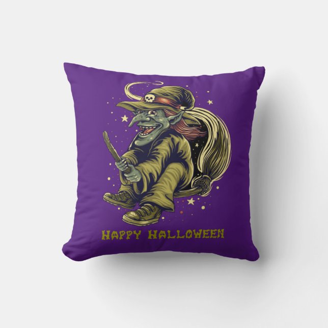 Coussin Joyeux Halloween Méchante Sorcière Volante (Recto)
