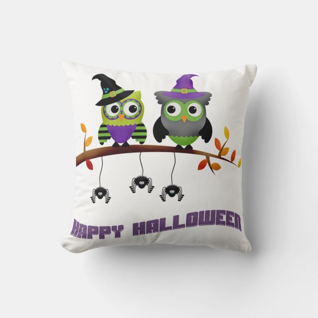 Coussin Joyeux Halloween paire de chouettes avec araignées (Recto)