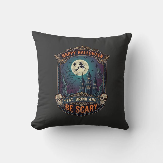 Coussin Joyeux Halloween Sorcière Château Crânes Gras Boir (Recto)