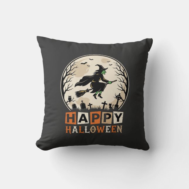 Coussin Joyeux Halloween Sorcière Lune Cimetière Conceptio (Recto)