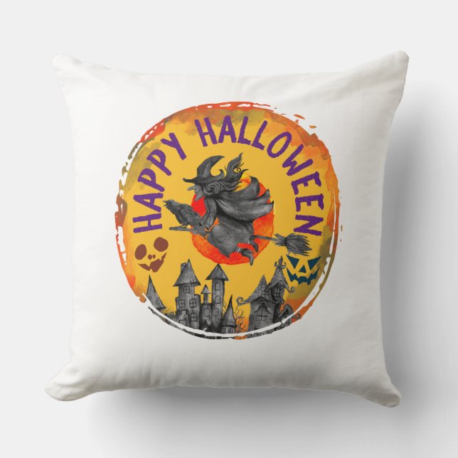 Coussin Joyeux Halloween - Sorcière Volante, Maison Éffray (Recto)