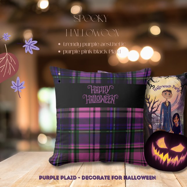 Coussin Joyeux Halloween violet rose (Purple Pink Happy Halloween Plaid Throw Pillow)