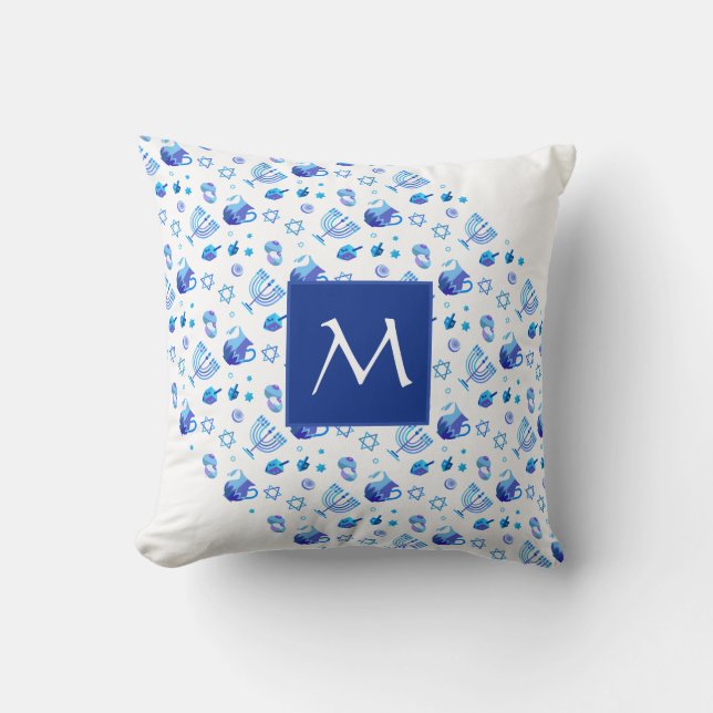 Coussin Joyeux Hanoukka Party beau Monogramme bleu (Recto)