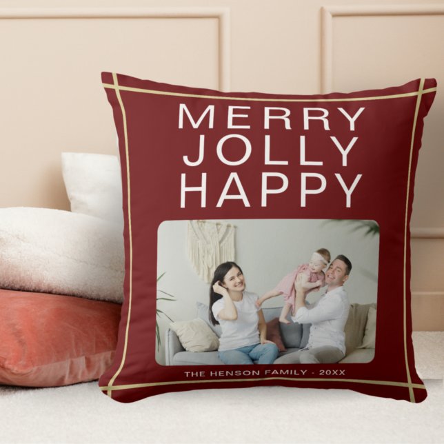 Coussin Joyeux Jolly Happy Custom Family Photo Red Holiday (Créateur téléchargé)