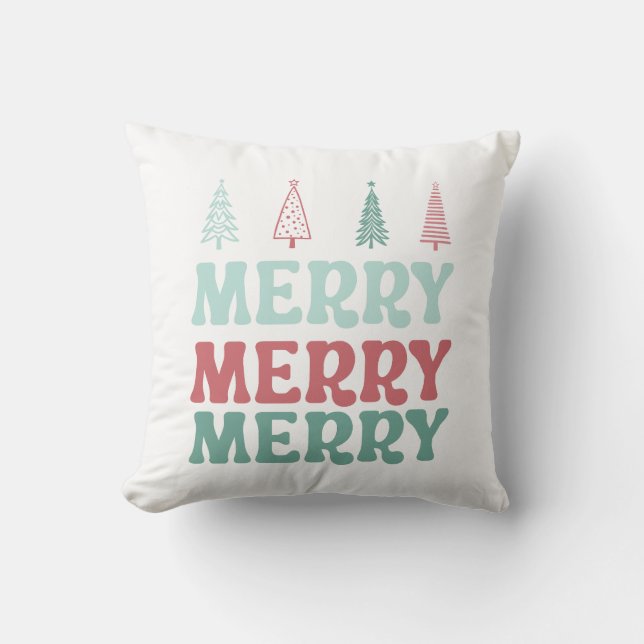 Coussin Joyeux Joyeux Joyeux avec des arbres de Noël bohèm (Recto)