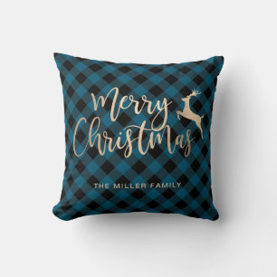 Coussin Joyeux Joyeux Noël Or Noir & Bleu Plaid