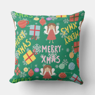 Coussin Joyeux Joyeux Xmas texte girly rouge jaune motif