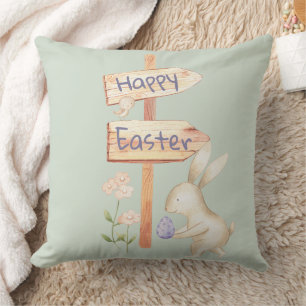 Coussin Joyeux lapin de Pâques et oeuf sur vert