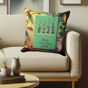 Coussin Joyeux Mardi Gras Y'All Citation Plumes perles dor