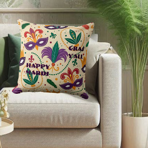 Coussin Joyeux Mardi Gras Y'All Masques Fleur De Lis Perle