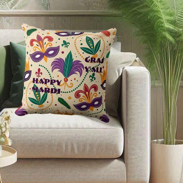 Coussin Joyeux Mardi Gras Y'All Masques Fleur De Lis Perle (Happy Mardi Gras Y'All Masks Fleur De Lis Beads Throw Pillow)