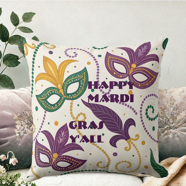 Coussin Joyeux Mardi Gras Y'All Masques Fleur De Lis Perle (Happy Mardi Gras Y'All Masks Fleur De Lis Beads Throw Pillow)