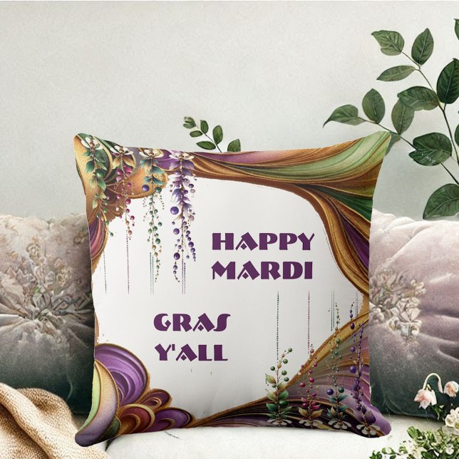 Coussin Joyeux Mardi Gras Y'All Purple Vert Couleurs Or (Happy Mardi Gras Y'All Purple Green Gold Colors Throw Pillow)