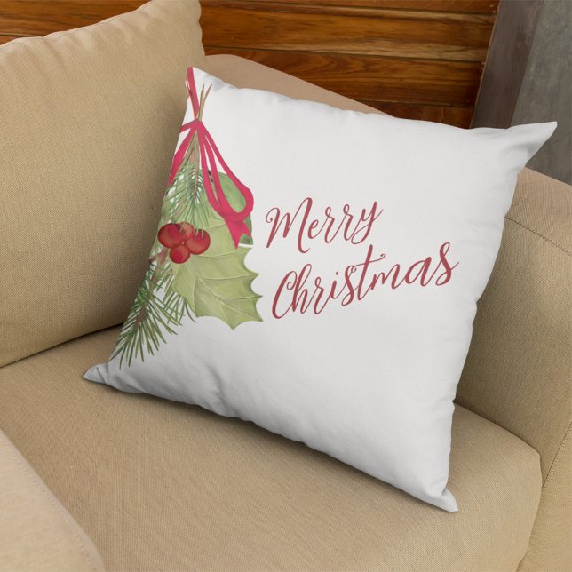 Coussin Joyeux Noël à l'aquarelle élégante  (Merry Christmas Red and Green Greenery. With Stylish Calligraphy Script.)