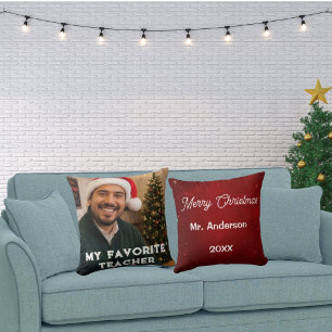 Coussin Joyeux Noël à mon professeur préféré Photo Cramois