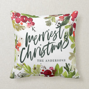 Coussin Joyeux Noël aquarelle florale vacances