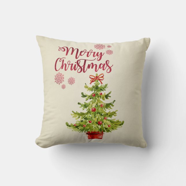 Coussin Joyeux Noël, arbre de Noël aquarelle (Recto)