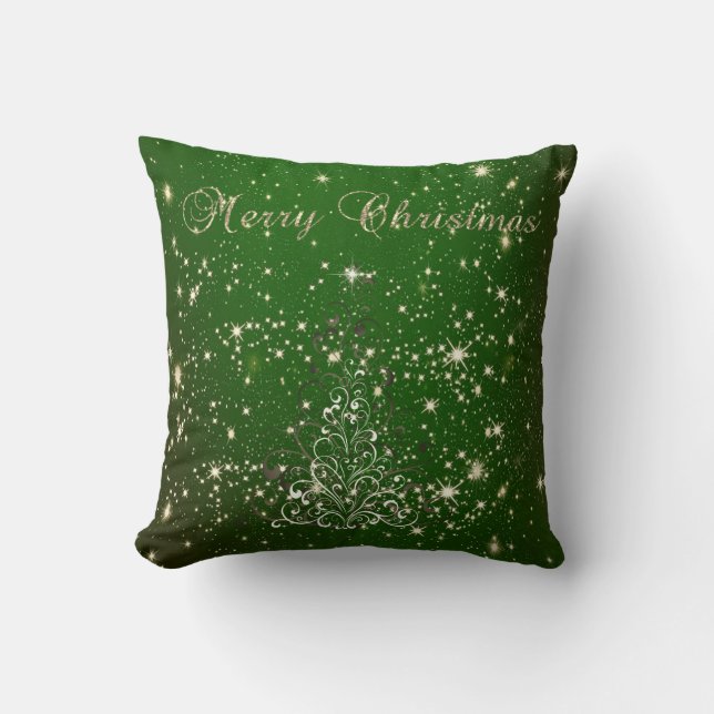 Coussin Joyeux Noël, Arbre de Noël, Étincelles, Vert (Recto)