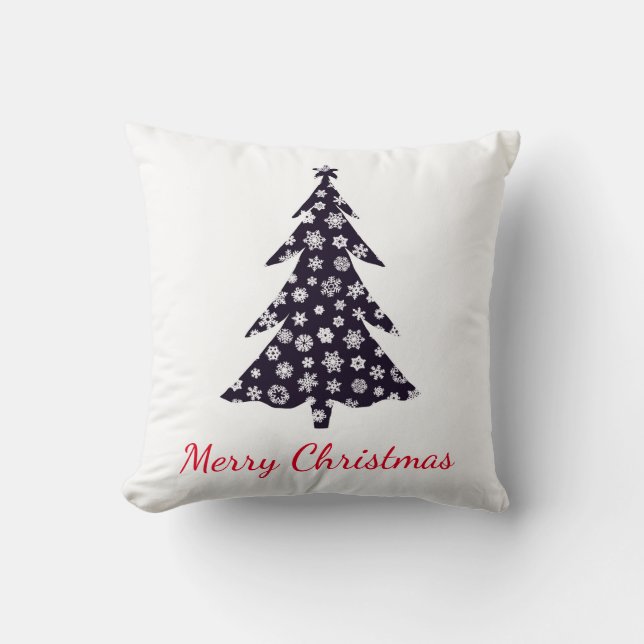Coussin Joyeux Noël, arbre silhouette aux flocons de neige (Recto)